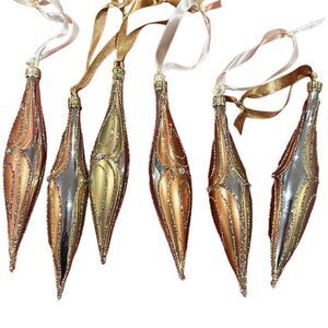 6 hand blown glass Gold Glitter Teardrop Shaped Christmas Ornaments